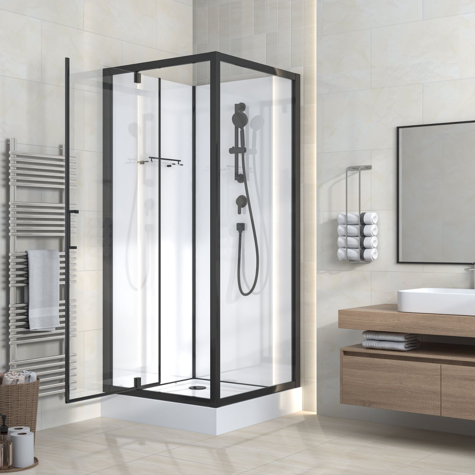 Inloopdouchewand van 8 mm helder glas met koperen profiel in een lichte minimalistische badkamer