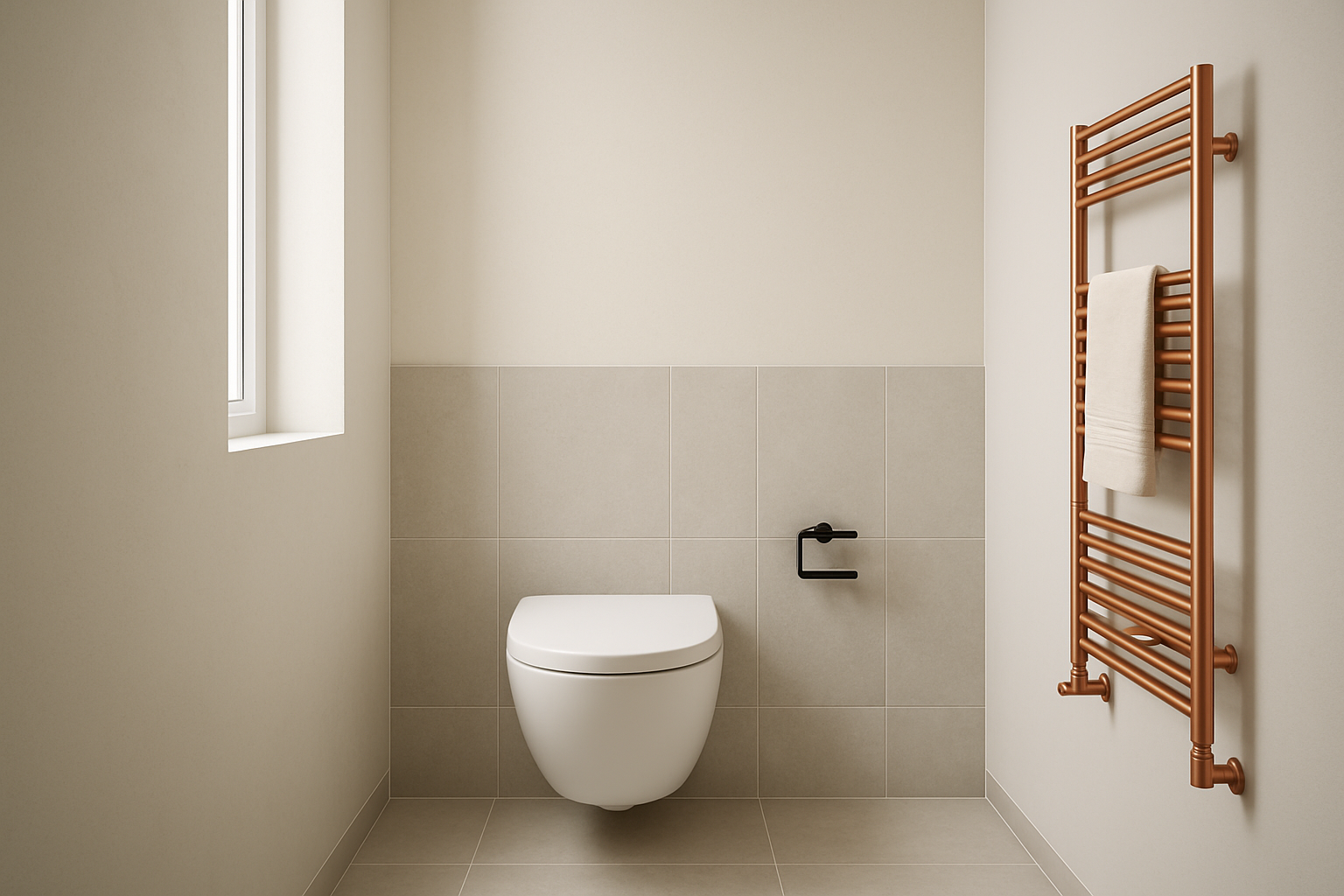 Compact hangtoilet 49 cm glanzend wit gemonteerd in een kleine minimalistische toiletruimte met lichtgrijze tegels