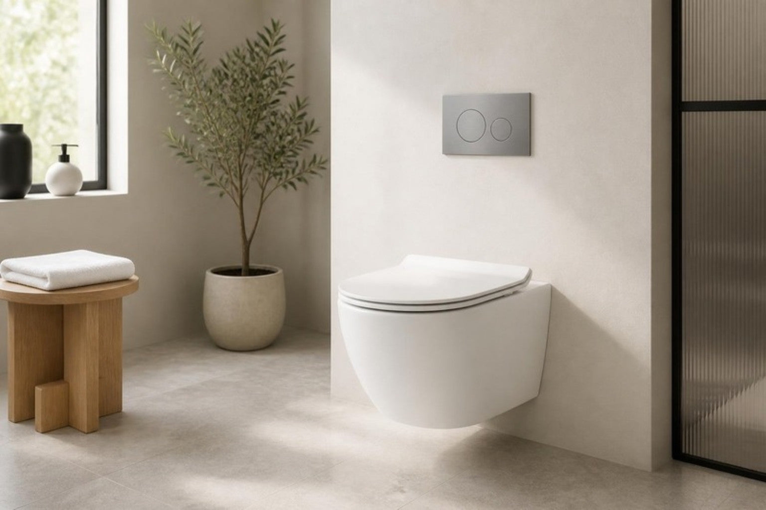 Hangtoilet met drukplaat in een lichte, minimalistische badkamer