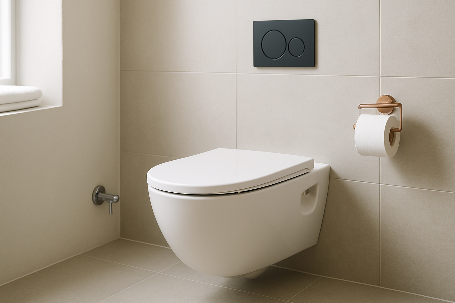 Hangtoilet met geïntegreerde bidetsproeier en stopkraan aansluiting op lichtgrijze betegelde wand
