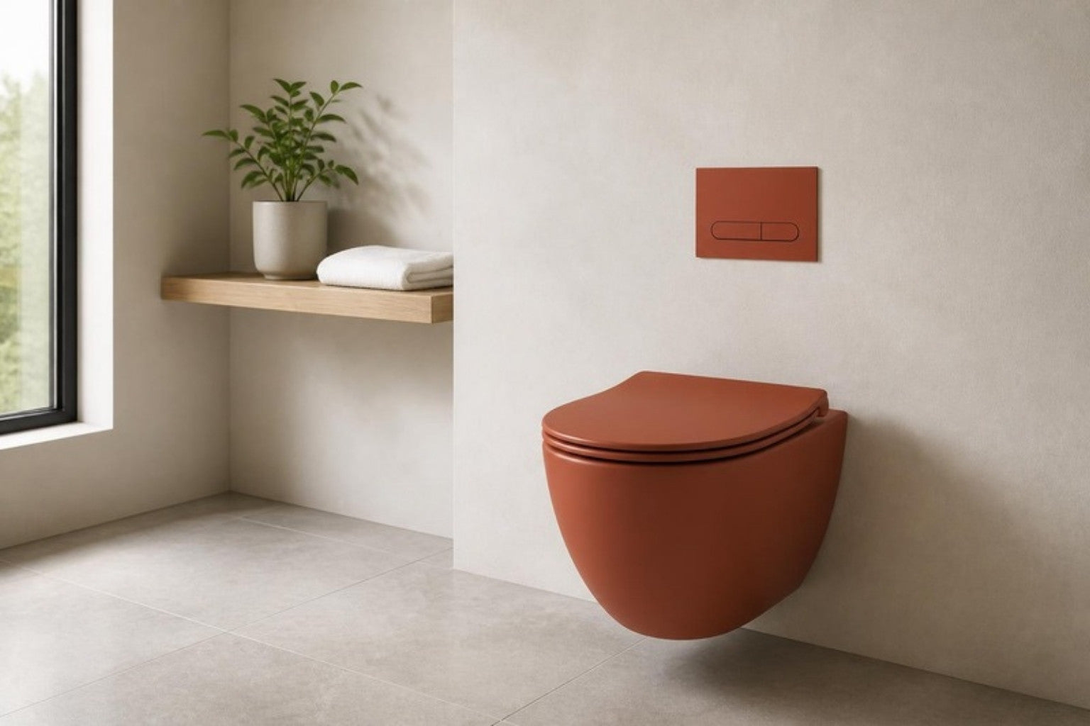 Terracotta hangtoilet met bijpassend terracotta bedieningspaneel in een lichte, minimalistische badkamer