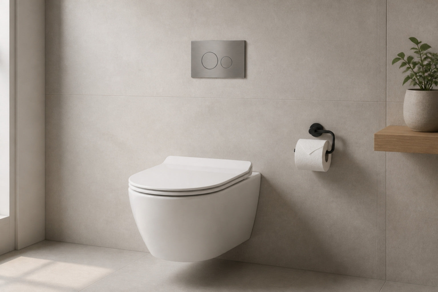 Wit hangtoilet met geborsteld stalen drukplaat op lichtgrijze tegelwand in een lichte badkamer