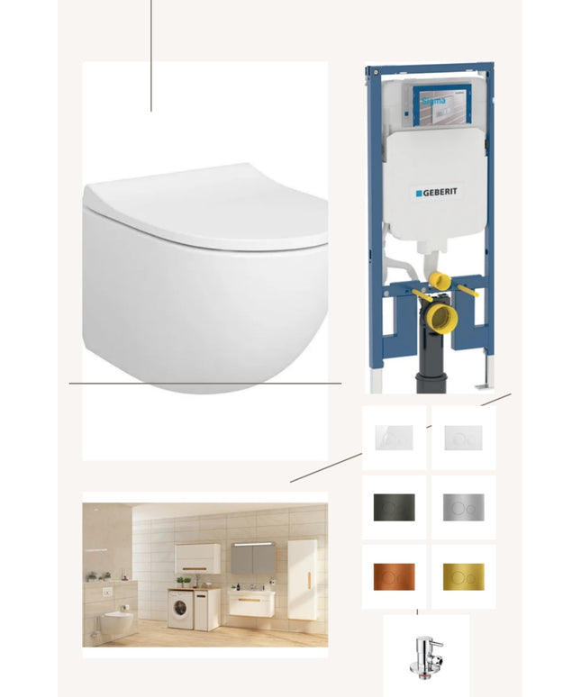 Complete toiletset: VitrA Sento wit met bidet incl. toiletbril, Geberit UP320, DutchLine stopkraan chroom en drukplaat naar keuze