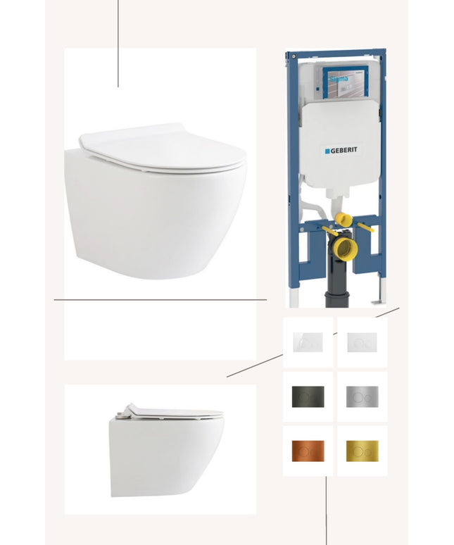 Complete toiletset: Aloni ECO hangtoilet glans wit incl. zitting, Geberit UP320 en DutchLine drukplaat naar keuze