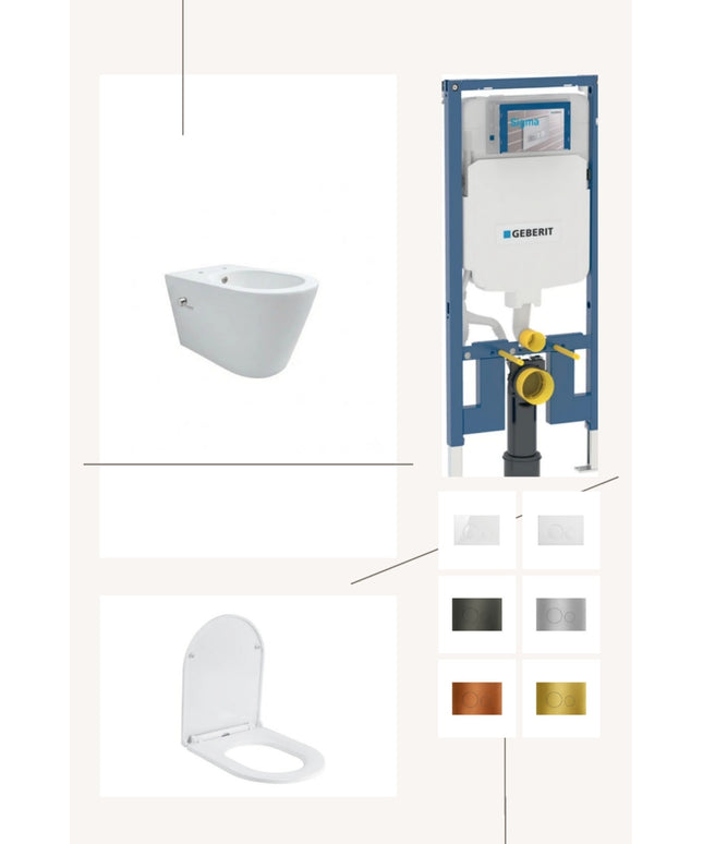 Complete toiletset: DutchLine Hugo Tornado Flush Ondiep glans wit met bidet, Geberit UP320 en DutchLine drukplaat naar keuze
