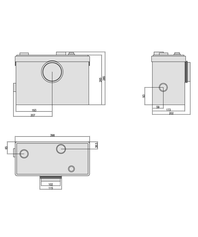 Xellanz Voldac wc-vergruizer 600 W kunststof - technische tekening | Schwertz & Co