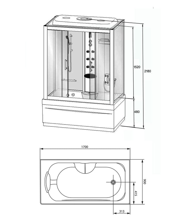 Xellanz Paris bad-douchecombinatie 170 x 90 x 220 cm zilver - technische tekening | Schwertz & Co