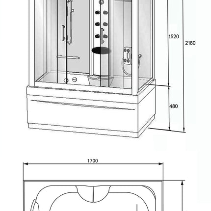 Xellanz Paris bad-douchecombinatie 170 x 90 x 220 cm - technische tekening | Schwertz & Co