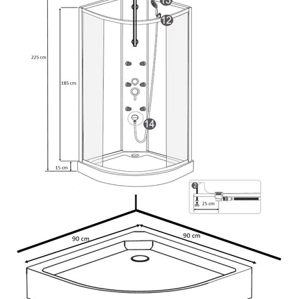 Xellanz Jupiter complete douchecabine 90 x 90 x 225 cm mat aluminium - technische tekening | Schwertz & Co
