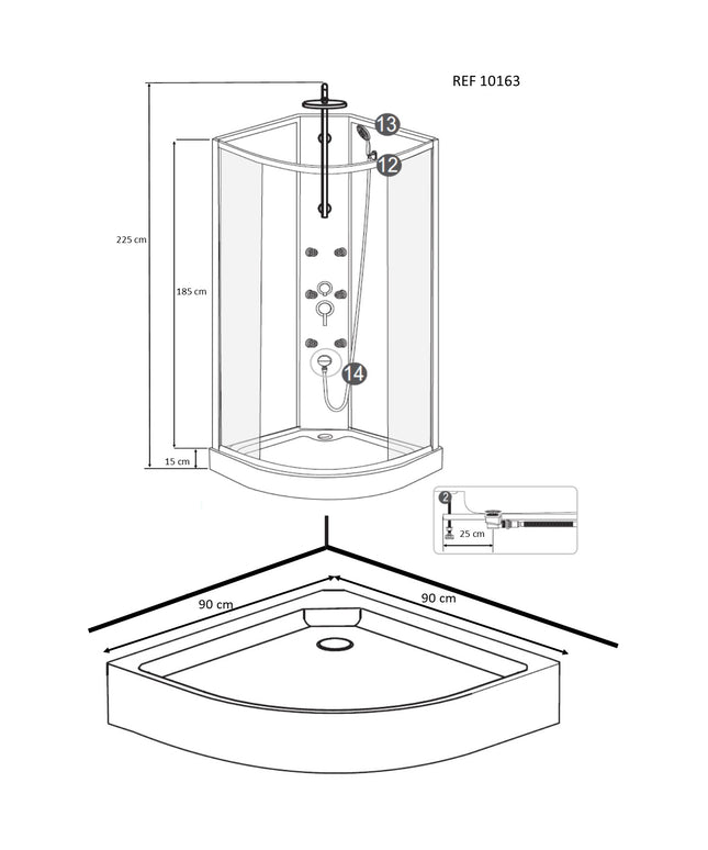 Xellanz Jupiter complete douchecabine 90 x 90 x 225 cm mat aluminium - technische tekening | Schwertz & Co