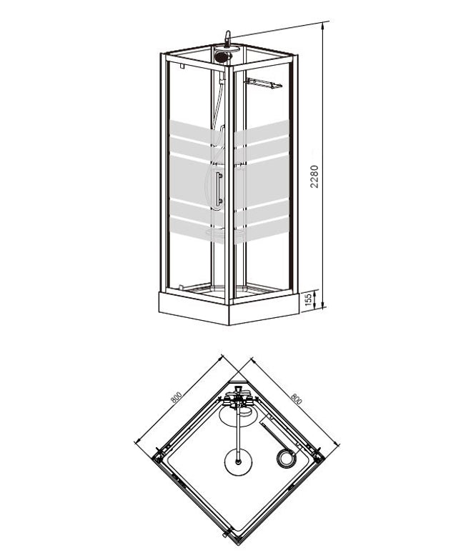 Xellanz Thermo complete douchecabine 80 x 80 x 218 cm - technische tekening | Schwertz & Co