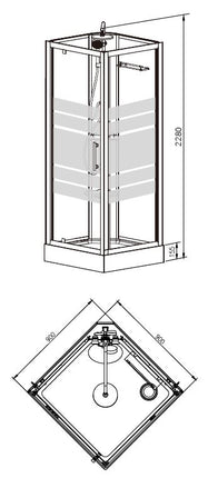 Xellanz Thermo douchecabine 90 x 90 x 228 cm aluminium - technische tekening 2 | Schwertz & Co