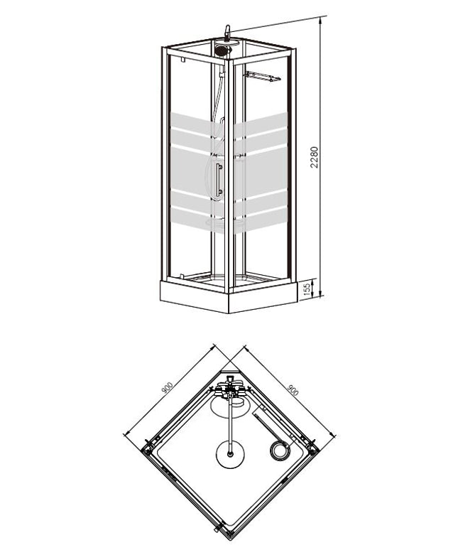 Xellanz Thermo complete douchecabine 90 x 90 x 228 cm - technische tekening 1 | Schwertz & Co