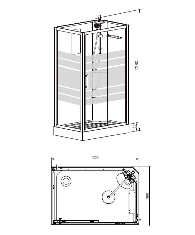 Xellanz Thermo rechts douchecabine 120 x 90 x 218 cm aluminium - technische tekening 1 | Schwertz & Co