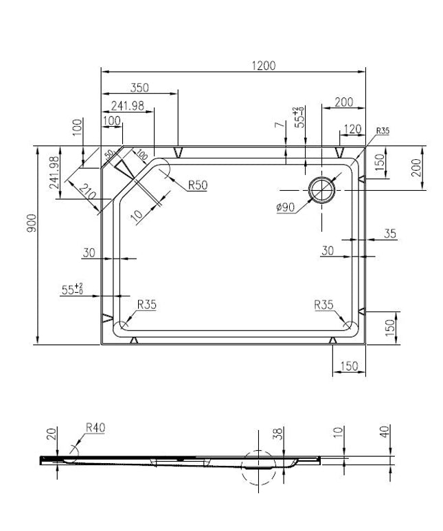 Xellanz Thermo rechts complete douchecabine 120 x 90 x 218 cm - technische tekening 2 | Schwertz & Co