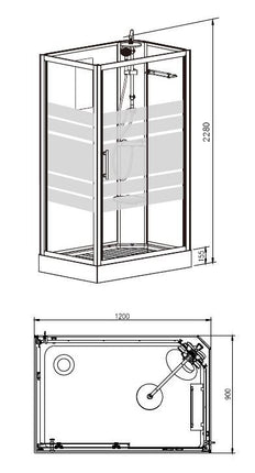 Xellanz Thermo rechts complete douchecabine 120 x 90 x 218 cm - technische tekening 1 | Schwertz & Co