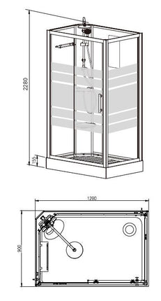 Xellanz Thermo links complete douchecabine 120 x 90 x 218 cm - technische tekening | Schwertz & Co