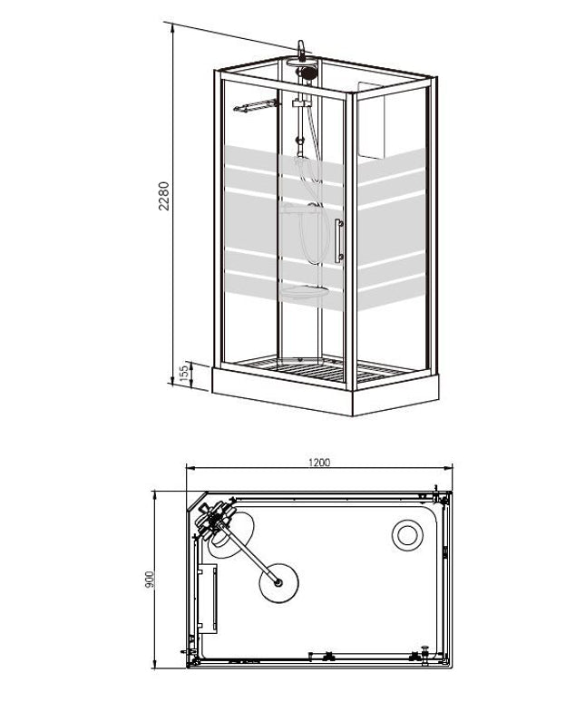 Xellanz Thermo links complete douchecabine 120 x 90 x 218 cm - technische tekening | Schwertz & Co