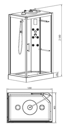 Xellanz Sunshine rechts complete douchecabine 120 x 90 x 218 cm - technische tekening 1 | Schwertz & Co
