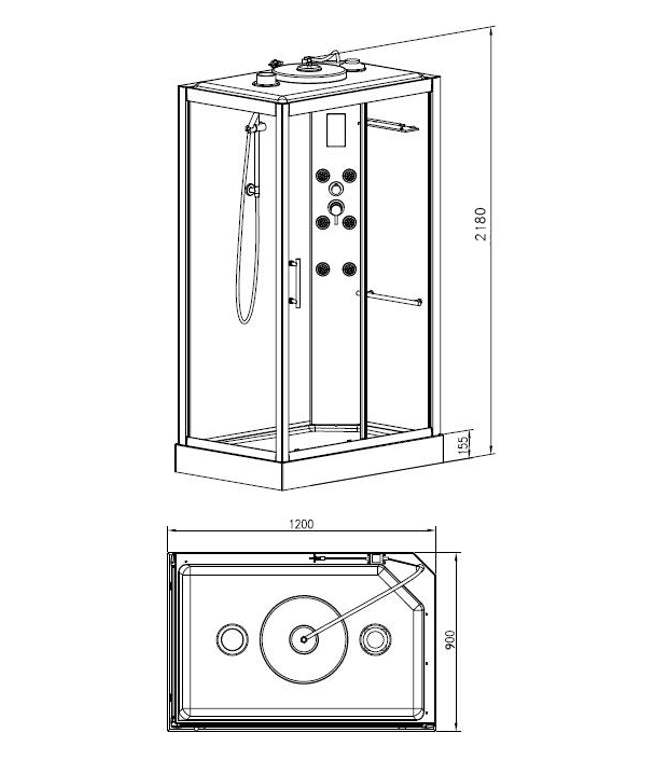 Xellanz Sunshine rechts complete douchecabine 120 x 90 x 218 cm - technische tekening 1 | Schwertz & Co