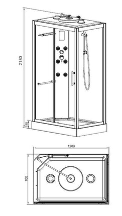 Xellanz Sunshine links douchecabine 120 x 90 x 218 cm aluminium - technische tekening | Schwertz & Co