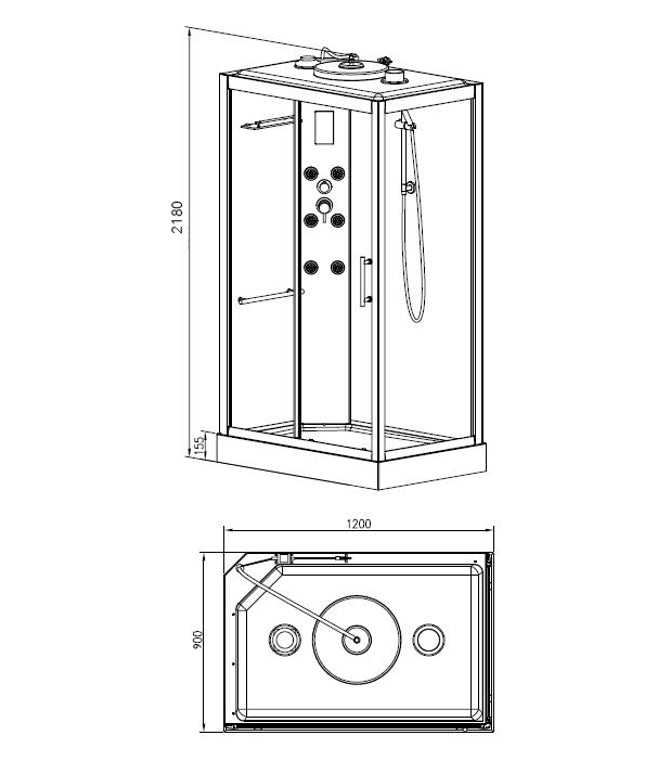 Xellanz Sunshine links complete douchecabine 120 x 90 x 218 cm - technische tekening | Schwertz & Co