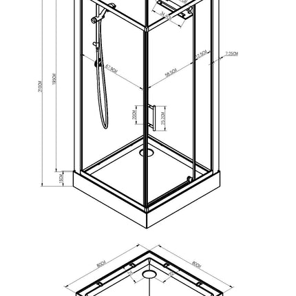 Xellanz Domino complete douchecabine 80 x 80 x 210 cm - technische tekening | Schwertz & Co