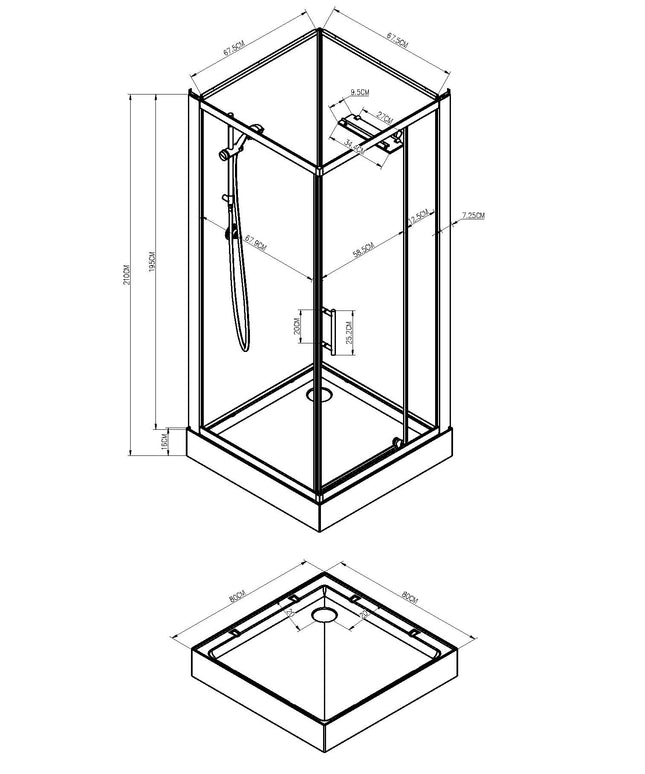 Xellanz Domino complete douchecabine 80 x 80 x 210 cm - technische tekening | Schwertz & Co
