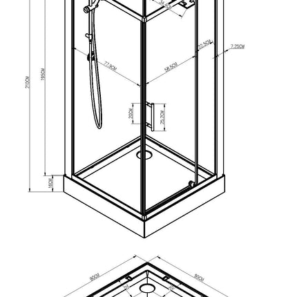 Xellanz Domino complete douchecabine 90 x 90 x 210 cm - technische tekening | Schwertz & Co
