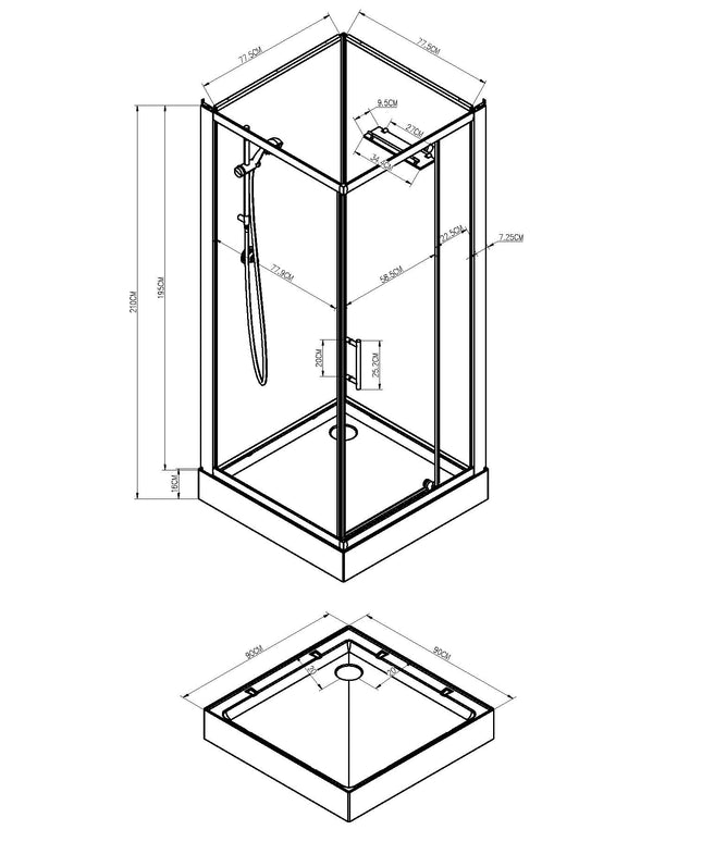 Xellanz Domino complete douchecabine 90 x 90 x 210 cm - technische tekening | Schwertz & Co