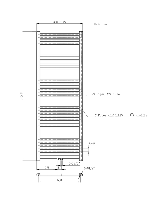 Belrad Bathroom Radiator 1800x500mm - Chrome - Middle connection - 575W
