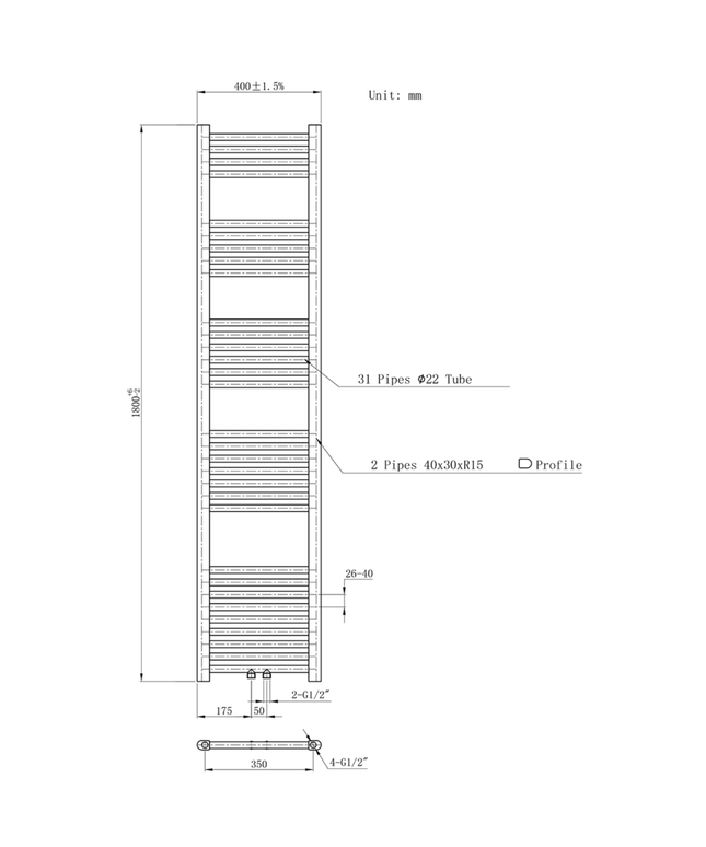 BELRAD Badkamer radiator 1800x400mm - Wit - Middenaansluiting - 699W