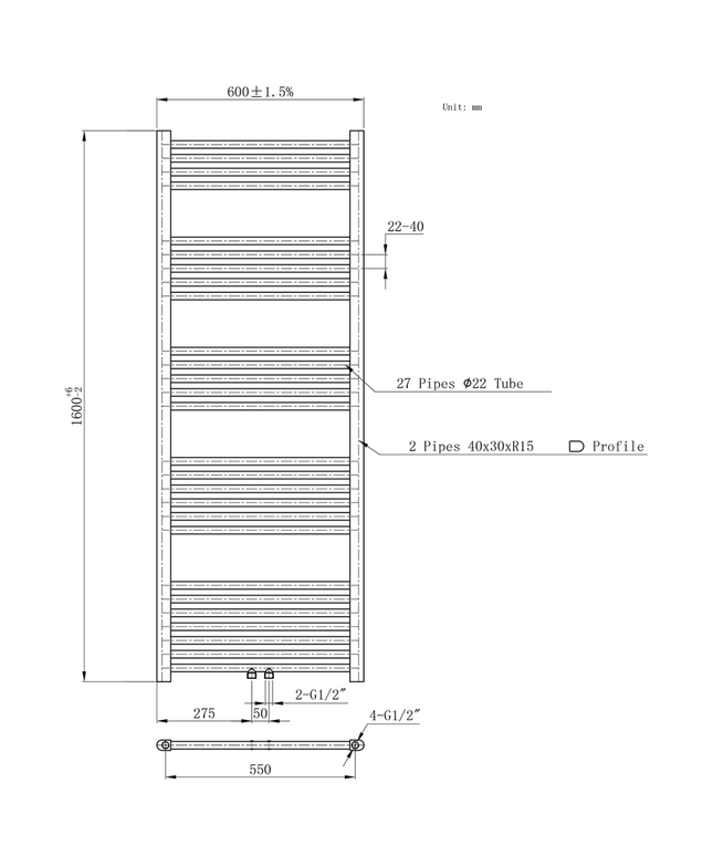 Belrad Bathroom Radiator 1800x500mm - Chrome - Middle connection - 575W