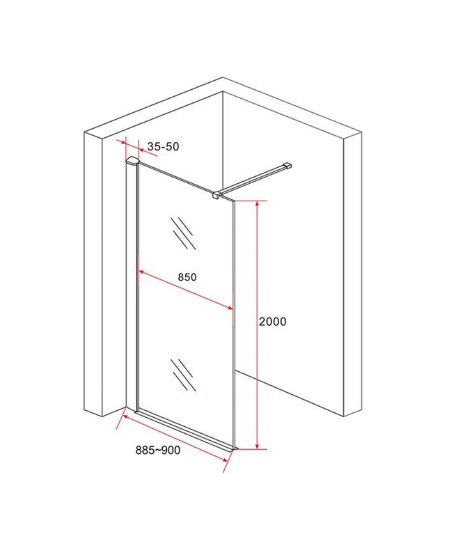 ALONI douchewand champagneglas met koperen profiel – 90x200 cm – 8 mm veiligheidsglas