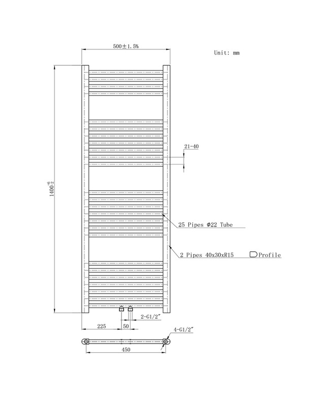 Belrad Bathroom Radiator 1800x500mm - Chrome - Middle connection - 575W