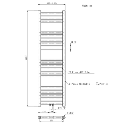 Radiador de baño de Belrad 1800x500mm - Chrome - Conexión central - 575W
