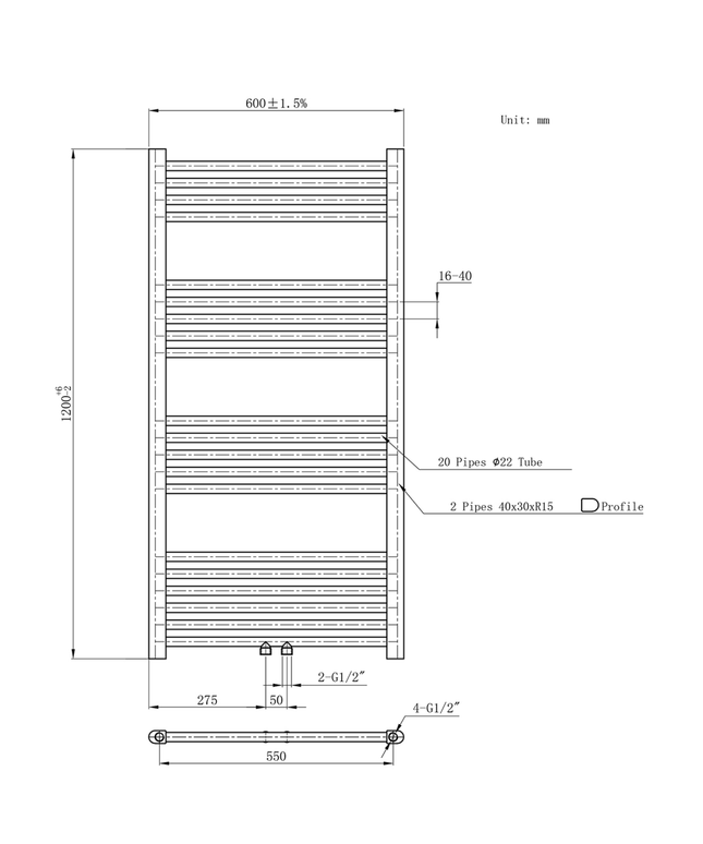 BELRAD Badkamer radiator 1200x600mm - Wit - Middenaansluiting - 616W