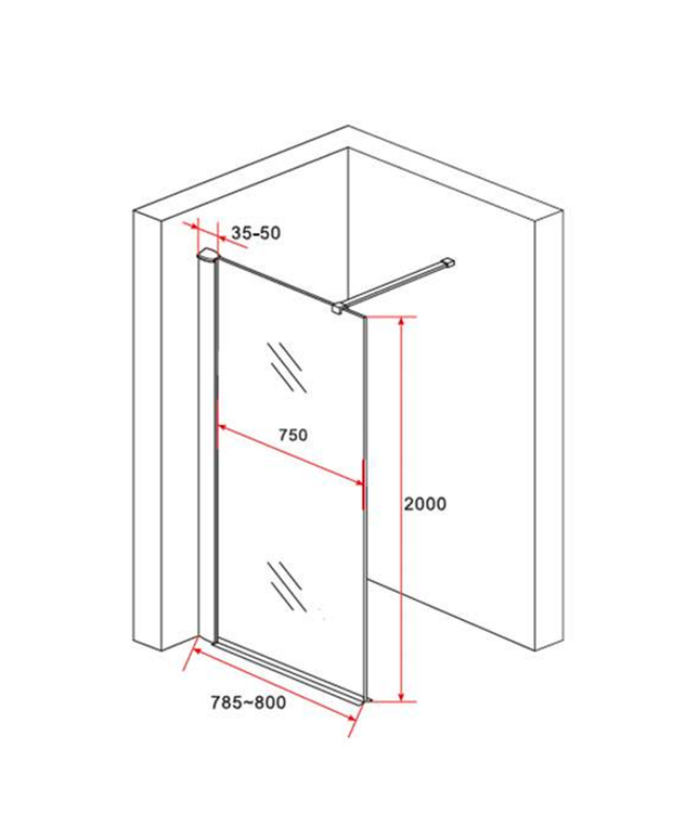 ALONI douchewand champagneglas met koperen profiel – 80x200 cm – 8 mm veiligheidsglas