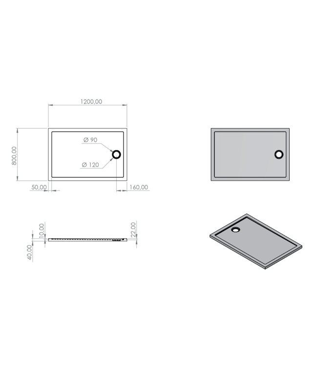 Bandeja de ducha acrílica rectangular de Aloni - 120x80x4 cm