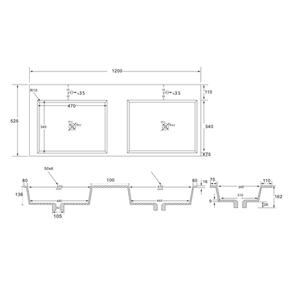 Wonda Square Slim Wastafel – Dubbel – Kunstmarmer – 120x1,6x52,5 cm – Mat Wit