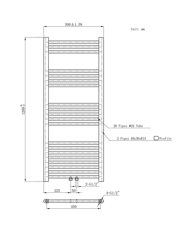 BELRAD Badkamer radiator 1200x500mm - Wit - Middenaansluiting - 537W
