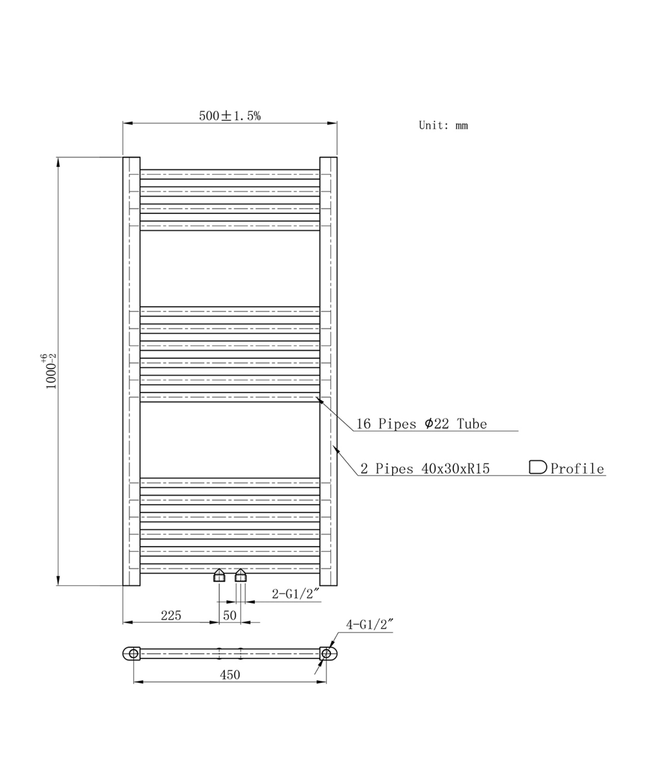 BELRAD Badkamer radiator 1000x500mm - Wit - Middenaansluiting - 436W