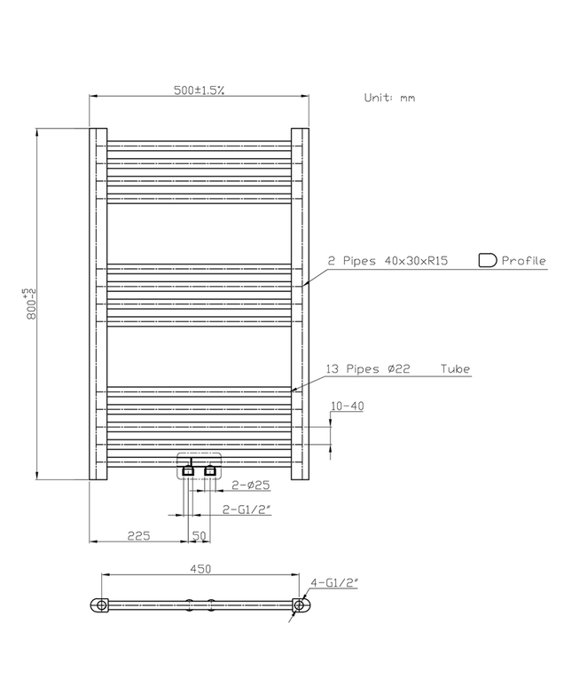 Belrad Bathroom Radiator 1800x500mm - Chrome - Middle connection - 575W