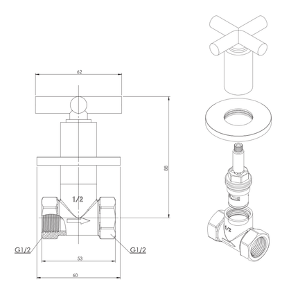 ALONI Cross inbouw hoekstopkraan 1/2 x 1/2 – chroom