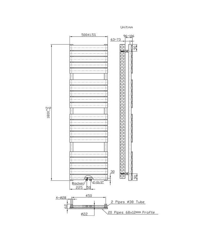 BELRAD Badkamer radiator 1800x500mm - Zwart - Middenaansluiting - 936W