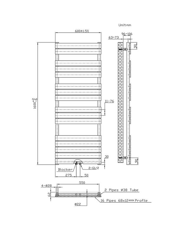 BELRAD Badkamer radiator 1600x600mm - Zwart - Middenaansluiting - 908W