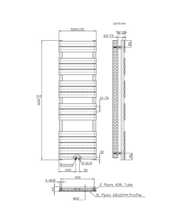 Belrad Bathroom Radiator 1800x500mm - Chrome - Middle connection - 575W