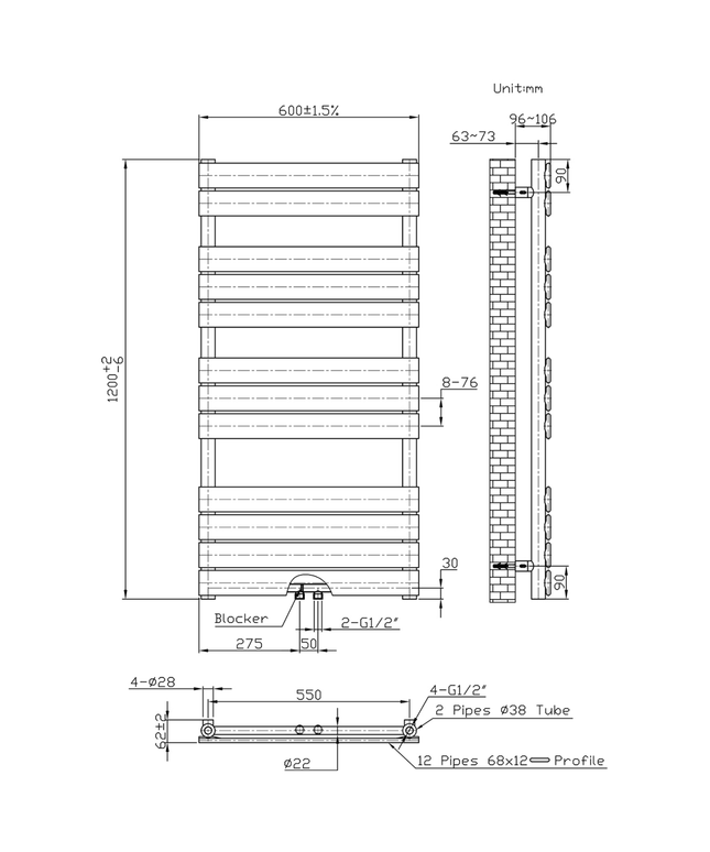 Belrad Bathroom Radiator 1800x500mm - Chrome - Middle connection - 575W