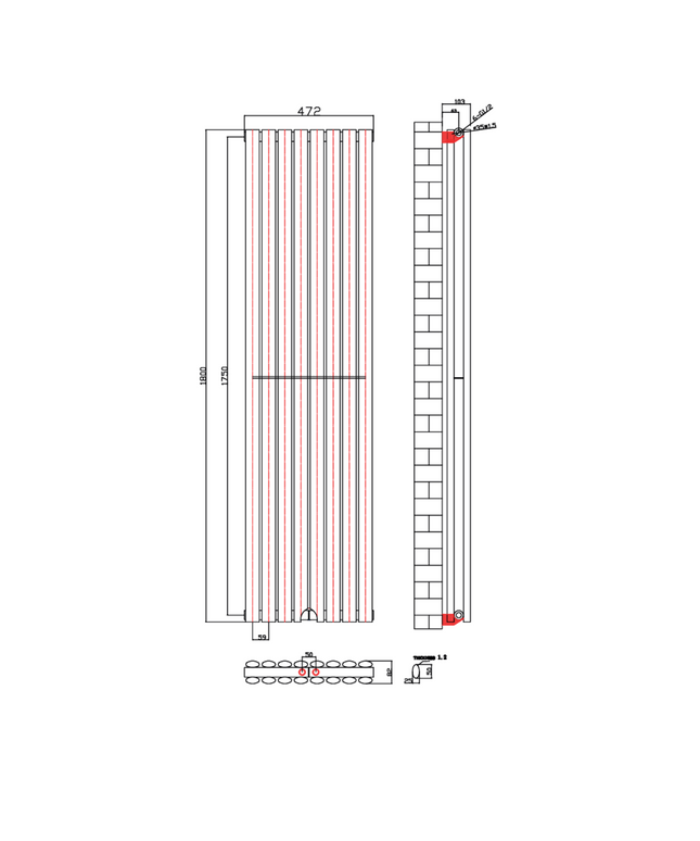 BELRAD Verticale designradiator ovaal dubbel 1800x472mm - Zwart - 8 elementen - 1640W