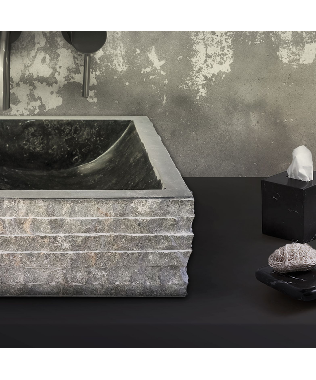 Vierkante Waskom Alur Kuipvormig – 40x40x15 cm – Zwart – Natuursteen